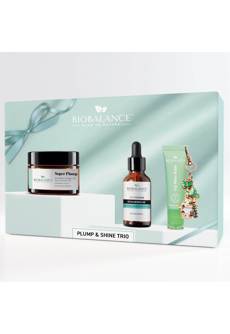 Set trio BioBalance Plump & Shine - crema Super Plump 50 ml - ser hyaluronic 3D 30 ml - balsam buze Mint Lemonade 10 ml