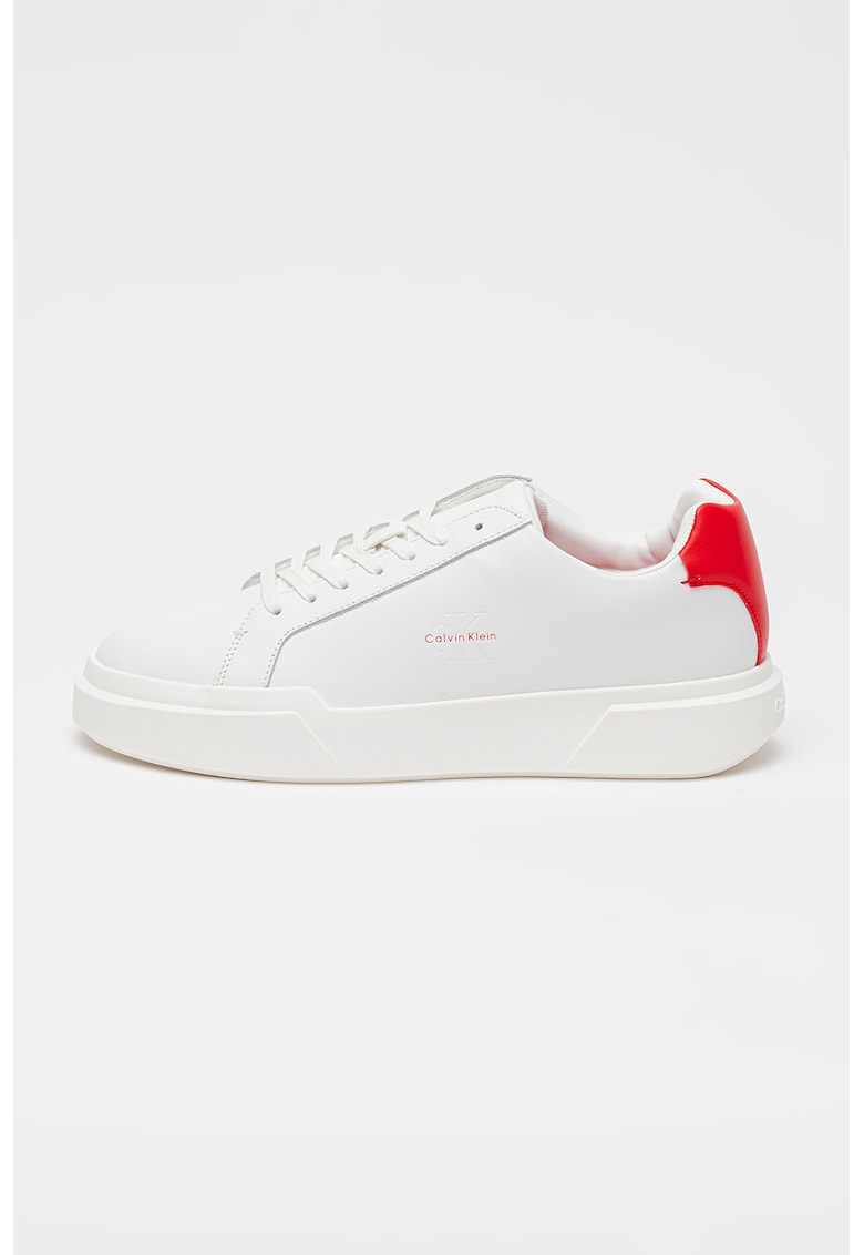 Pantofi sport low-cut de piele cu logo - Alb optic/Rosu vermillion