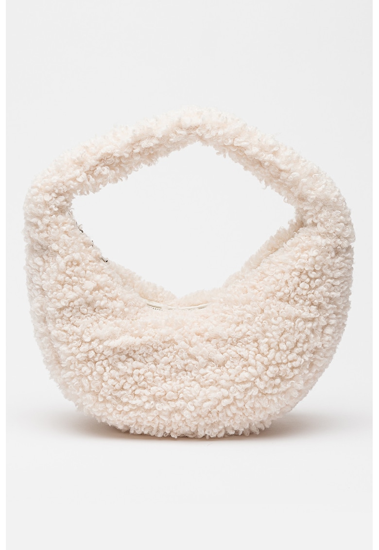 Geanta din material teddy si blana sherpa cu bareta de umar - Bej deschis