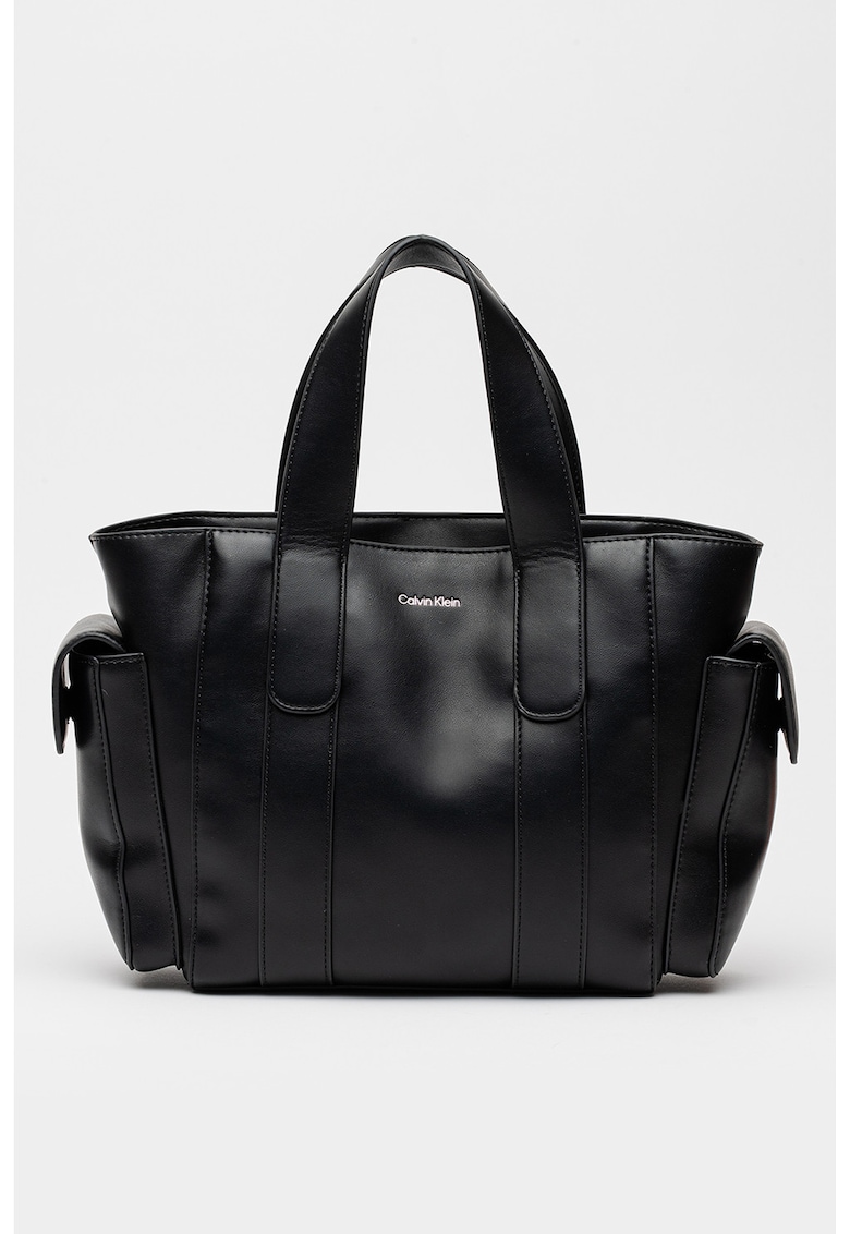 Geanta din piele ecologica cu bareta de uamr detasabila cu logo - Negru