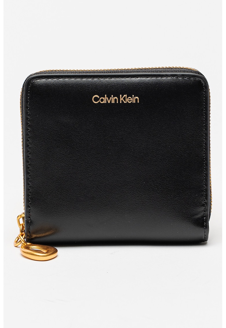 Portofel din piele cu fermoar si logo metalic discret - Negru