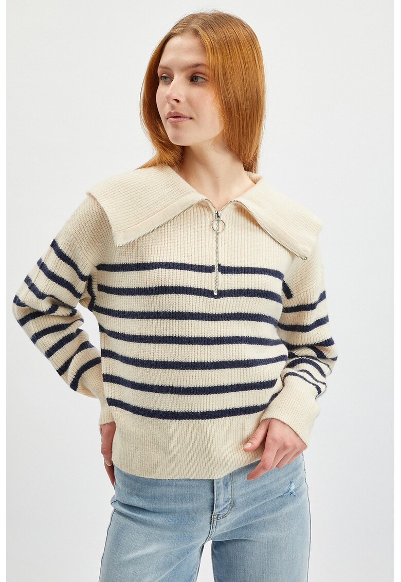 Pulover in dungi cu fenta cu fermoar - Albastru ultramarin/Bej