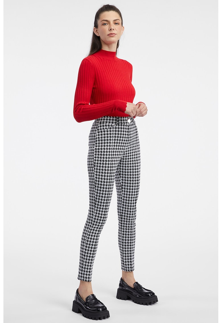 Pantaloni skinny cu model houndstooth - Alb/Negru