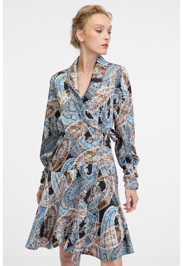 Rochie petrecuta cu model paisley si maneci lungi - Maro scortisoara/Albastru deschis/Negru