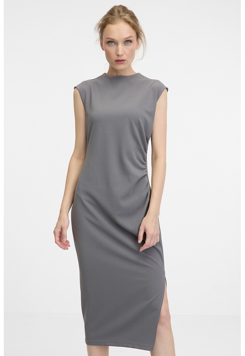 Rochie cu maneci scurte si slit lateral - Gri