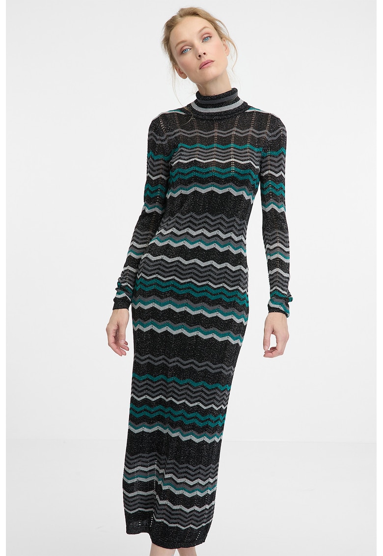 Rochie midi cu dungi si guler scurt - Negru/Gri deschis/Verde aquamarin