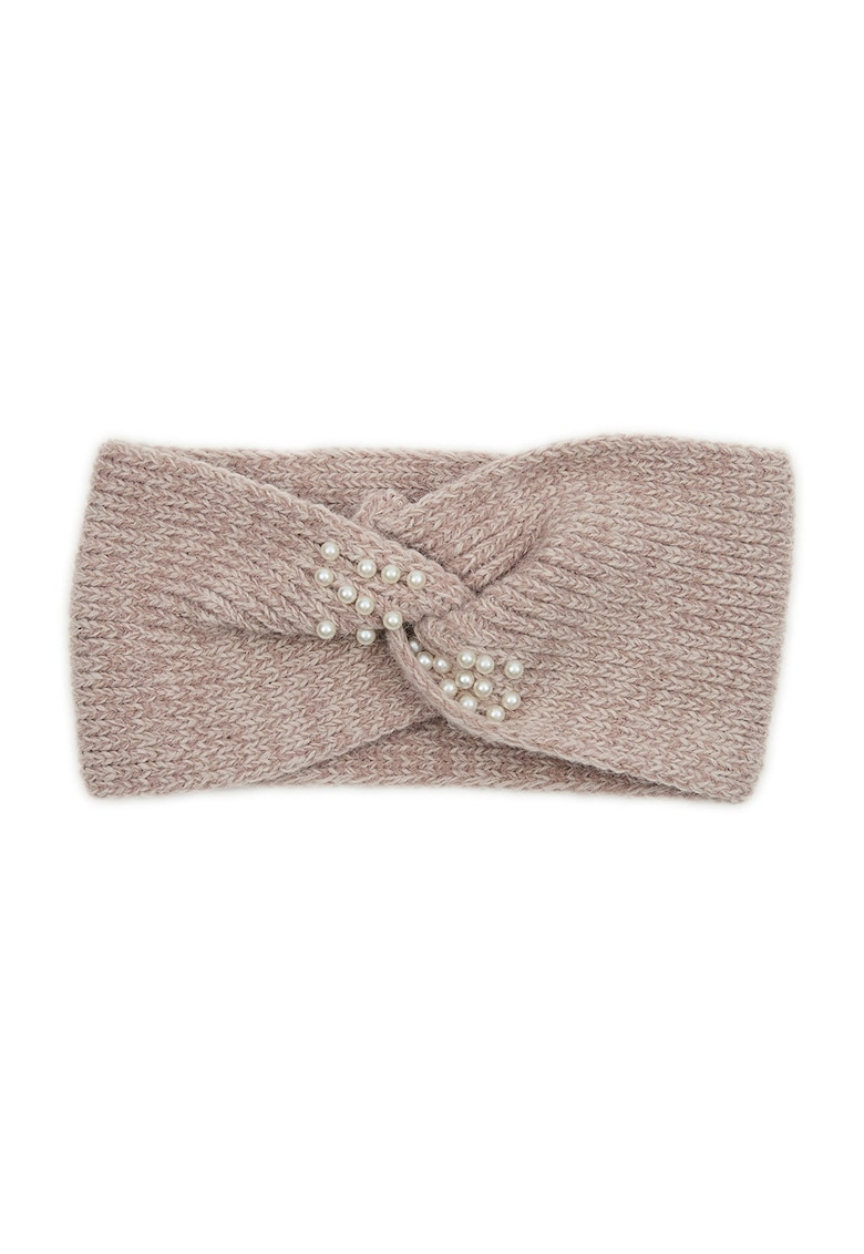 Bentita tricotata cu perle sintetice - Alb fildes/Maro deschis melange