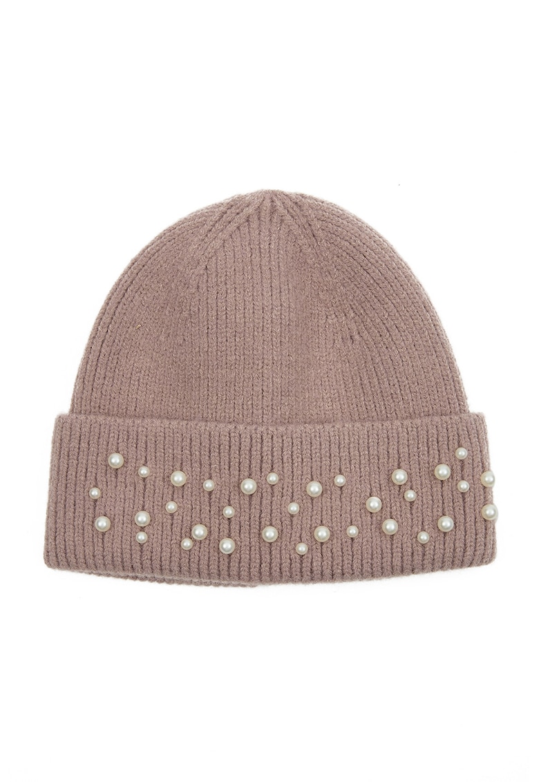 Caciula elastica cu perle sintetice - Alb fildes/Maro taupe