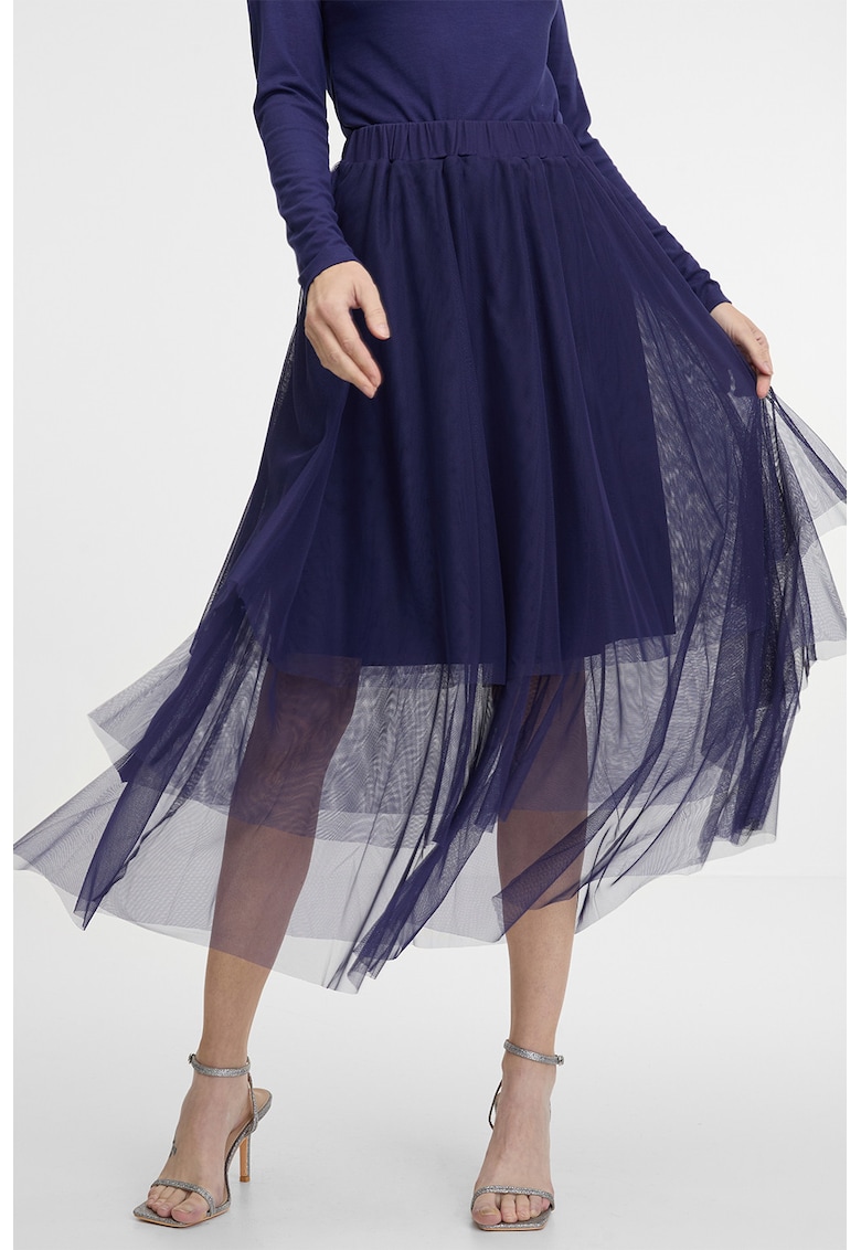 Fusta midi din tul - Albastru indigo