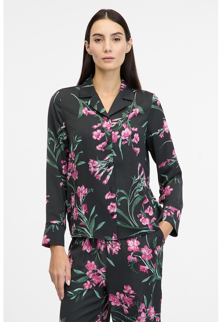 Camasa cu model floral si maneci lungi - Verde/Fucsia/Negru stins