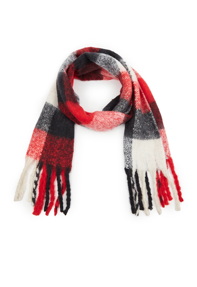 Fular cu model si franjuri - Rosu/Alb/Negru