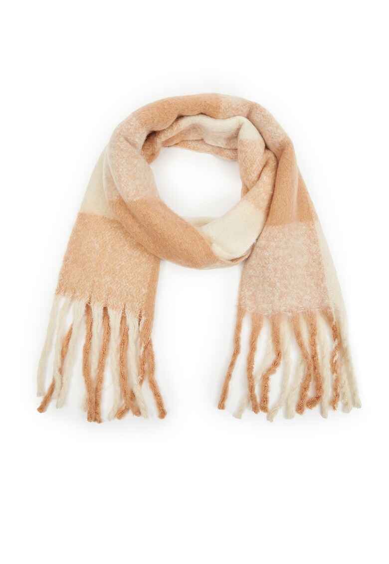 Fular cu model si franjuri - Bej/Maro camel