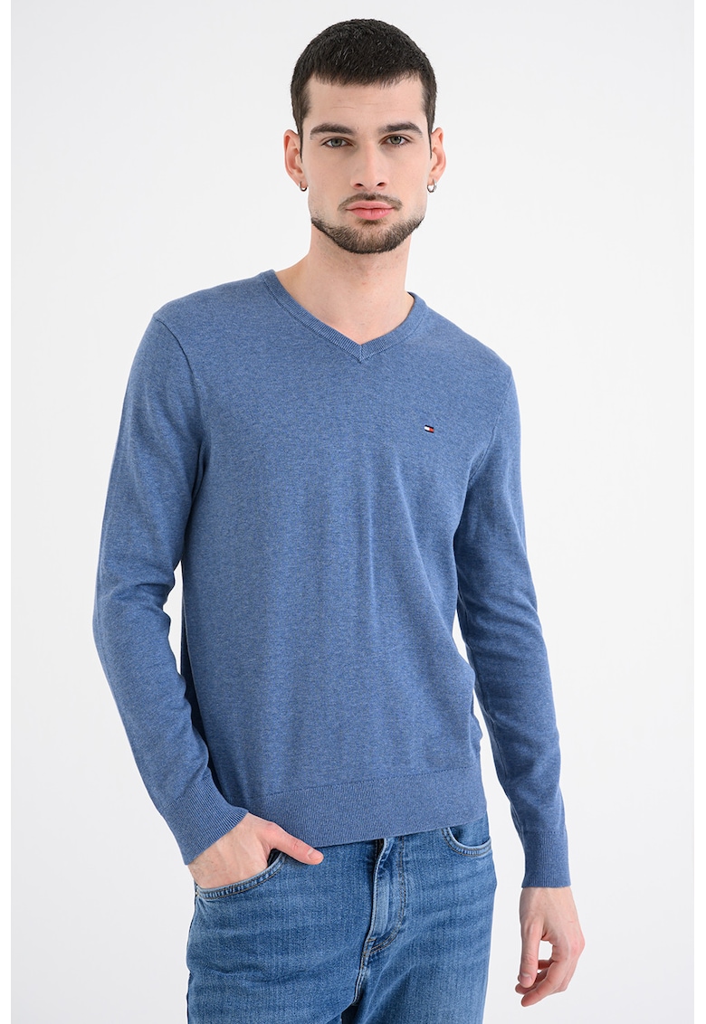 Pulover de bumbac cu decolteu in V - Albastru melange