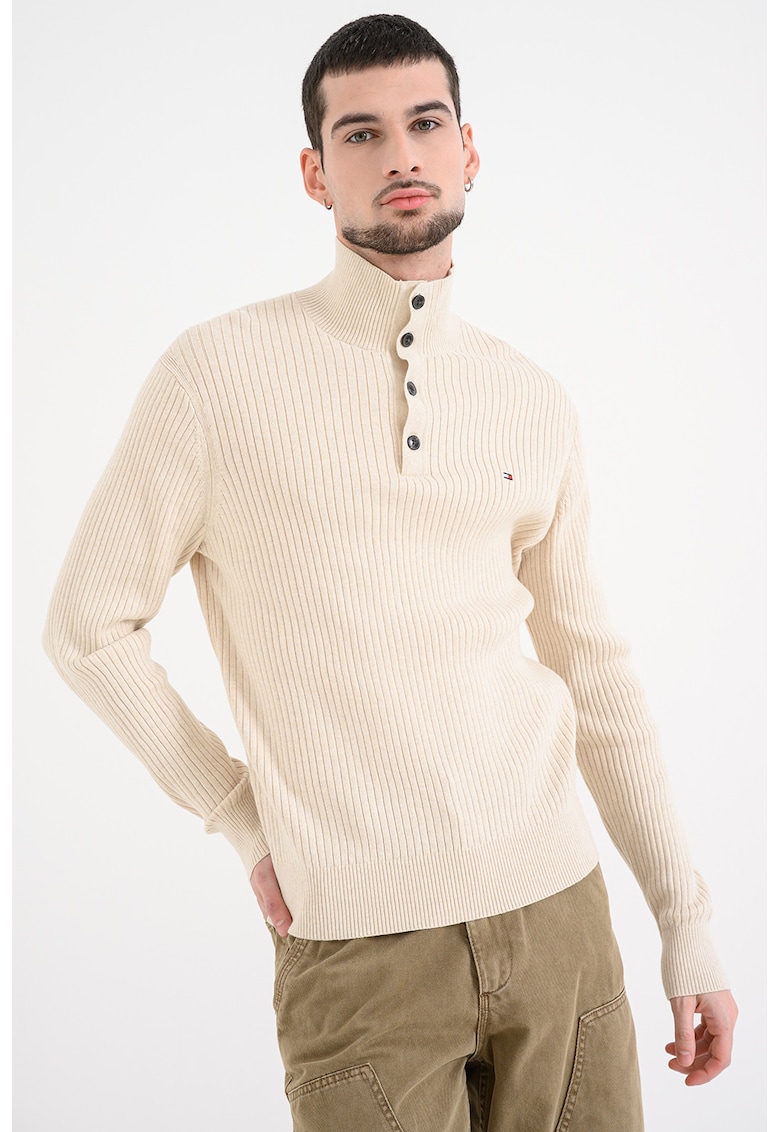 Pulover slim-fit din bumbac organic cu fenta cu nasturi si striatii - Bej