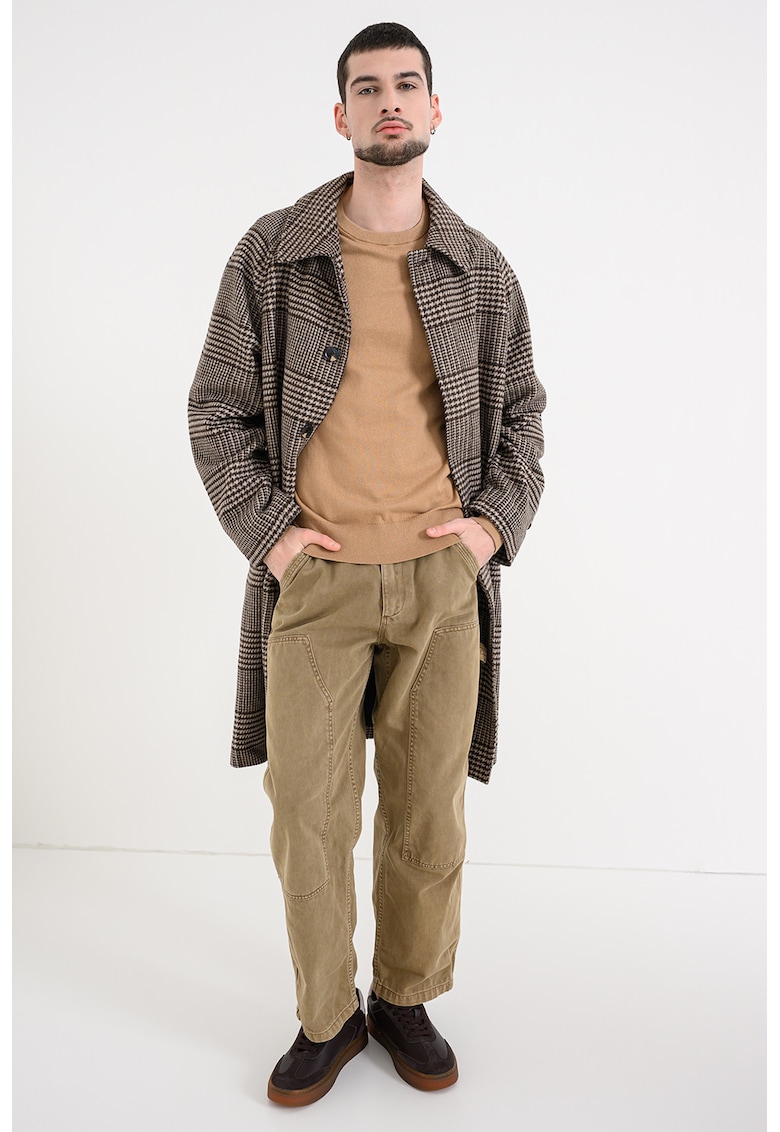 Palton din amestec de lana cu buzunare laterale si model in carouri - Maro/Gri
