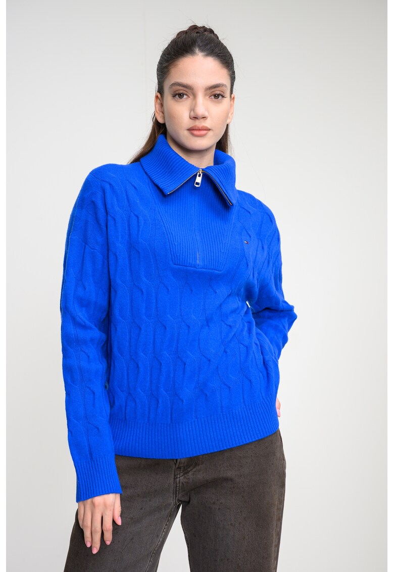 Pulover din lana cu fermoar scurt si model torsade - Albastru royal