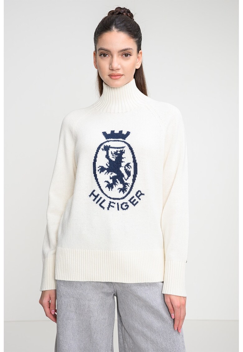 Pulover cu guler inalt si imprimeu - Alb murdar/Bleumarin