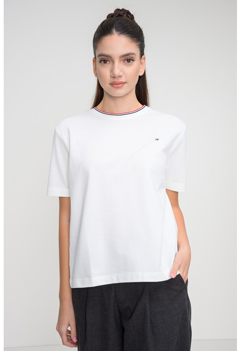 Tricou din amestec de bumbac pique cu decolteu la baza gatului - Alb