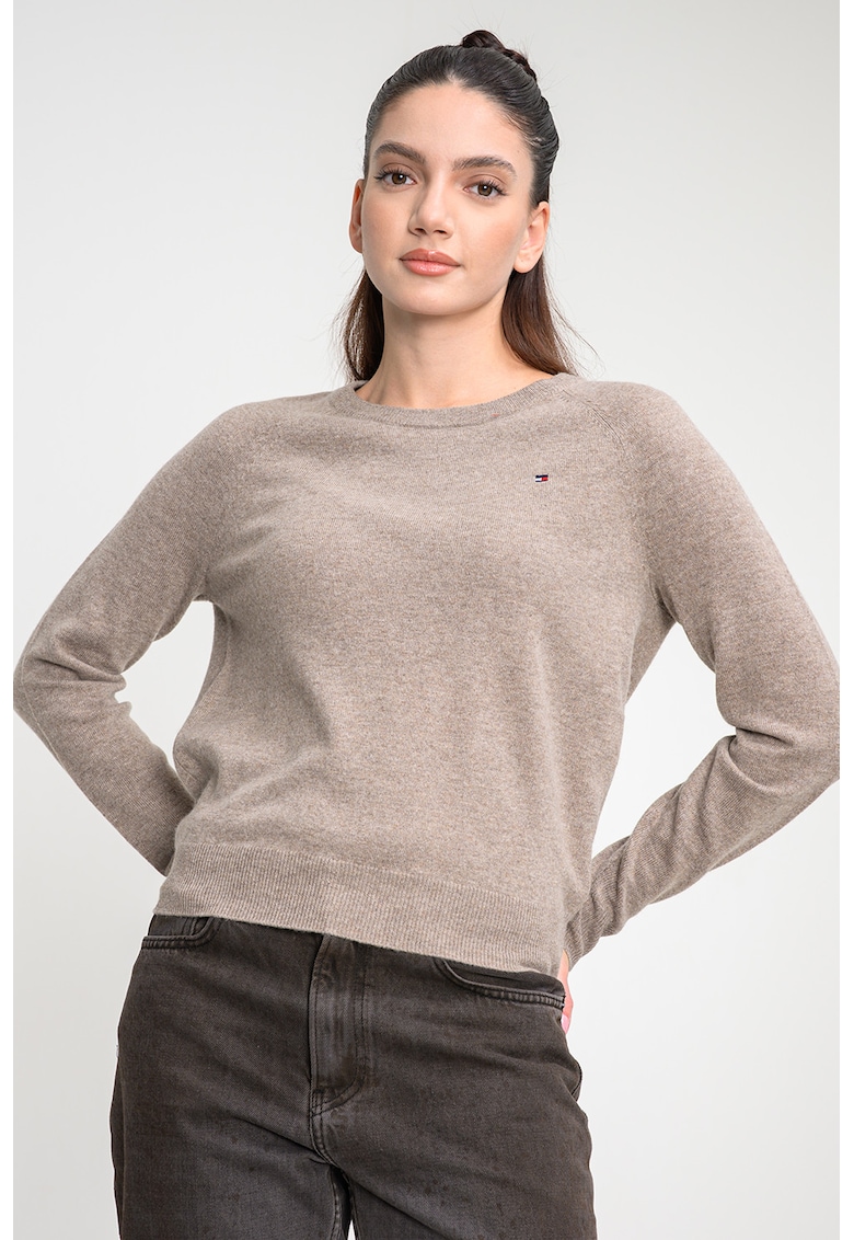 Pulover lejer cu logo discret - Maro melange