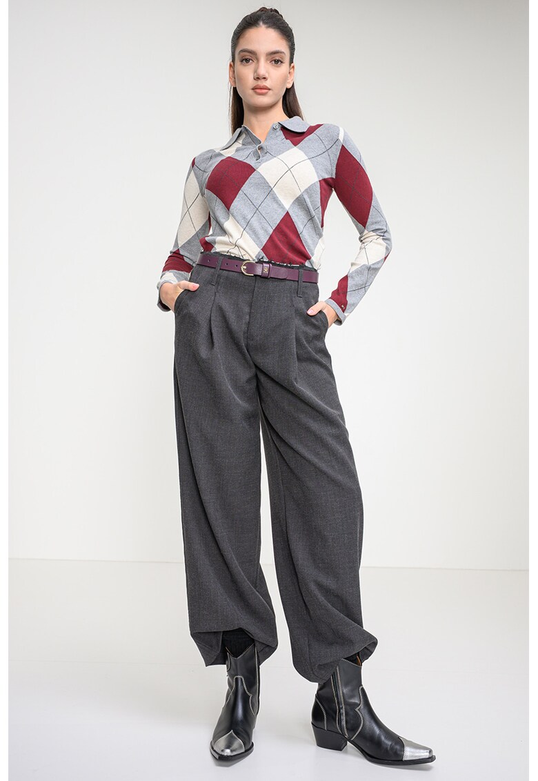 Pulover din bumbac organic cu model in carouri - Visiniu/Gri melange