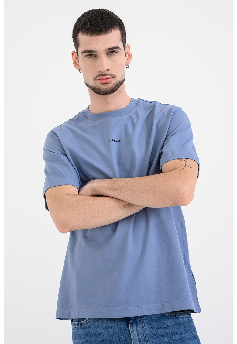 Tricou lejer din bumbac pique - Albastru prafuit