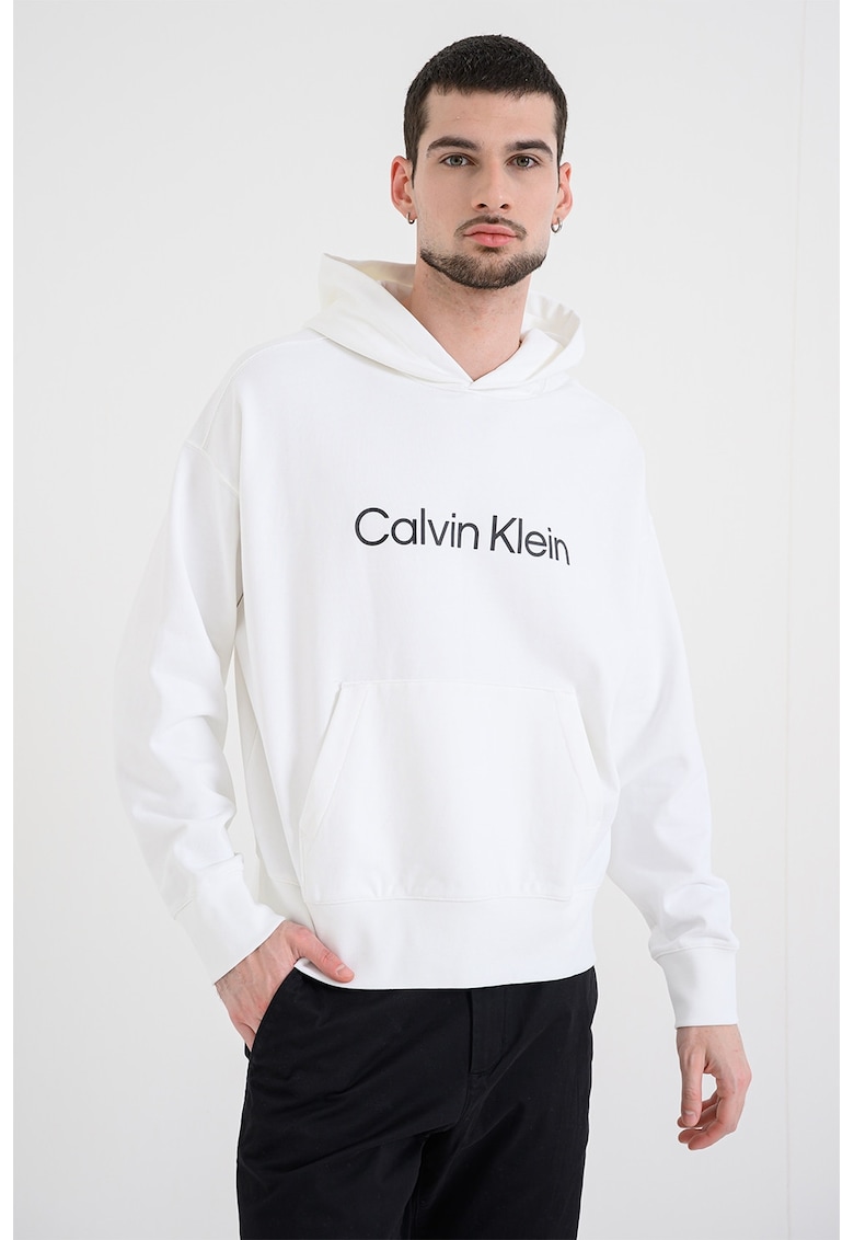 Hanorac cu imprimeu logo si buzunar kangaroo - Negru/Alb optic