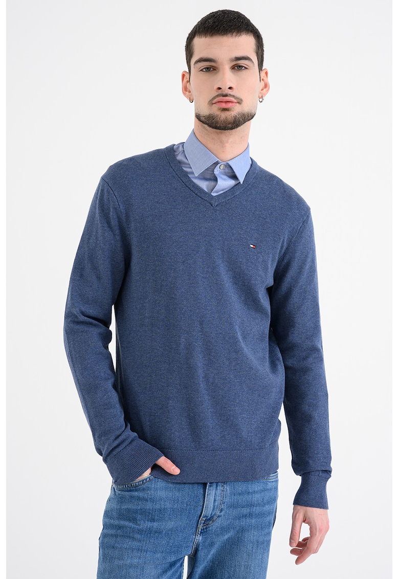 Pulover de bumbac cu decolteu in V - Albastru inchis