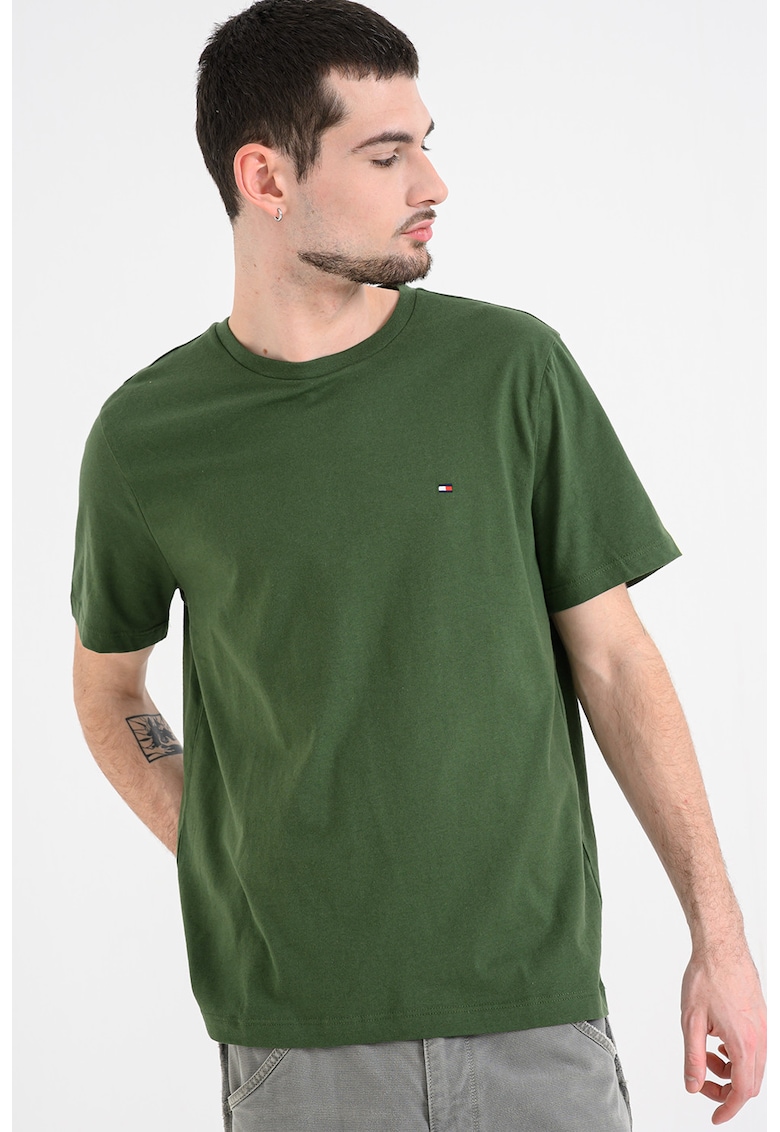 Tricou din bumbac cu decolteu la baza gatului - Verde inchis