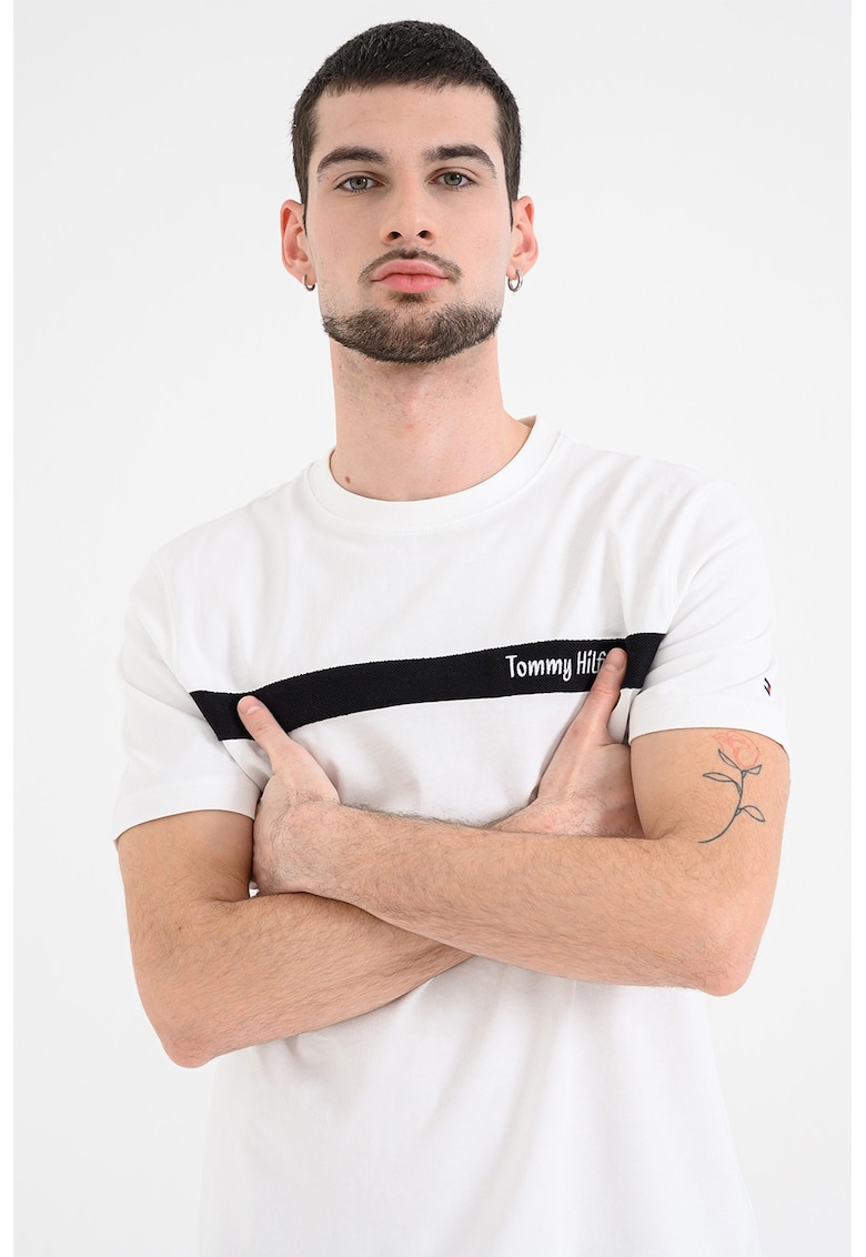 Tricou din bumbac cu decolteu la baza gatului - Alb/Negru