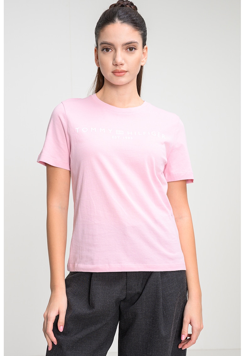Tricou din bumbac cu imprimeu logo - Roz