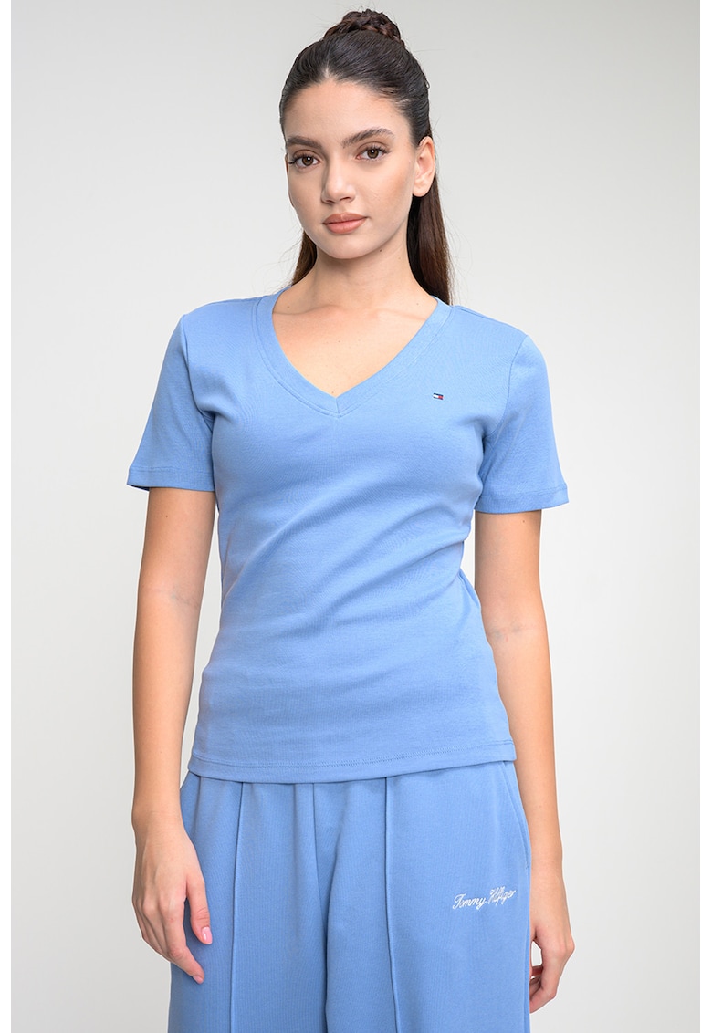 Tricou slim fit cu decolteu in V Cody - Albastru prafuit