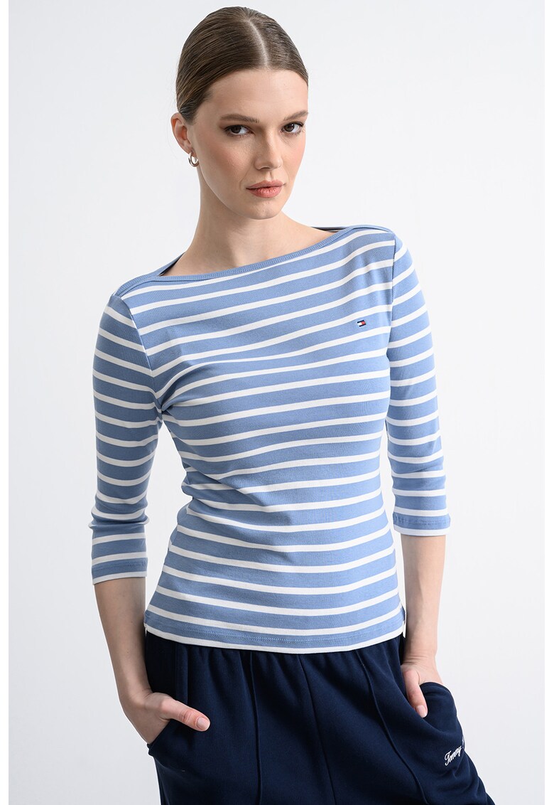 Bluza slim-fit de bumbac cu maneci trei sferturi - Alb/Albastru lavanda