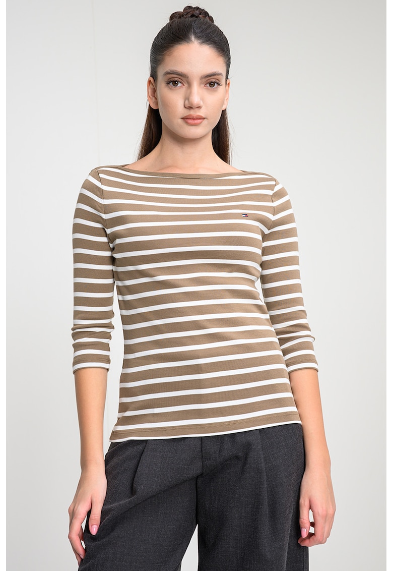 Bluza slim-fit de bumbac cu maneci trei sferturi - Alb/Maro inchis