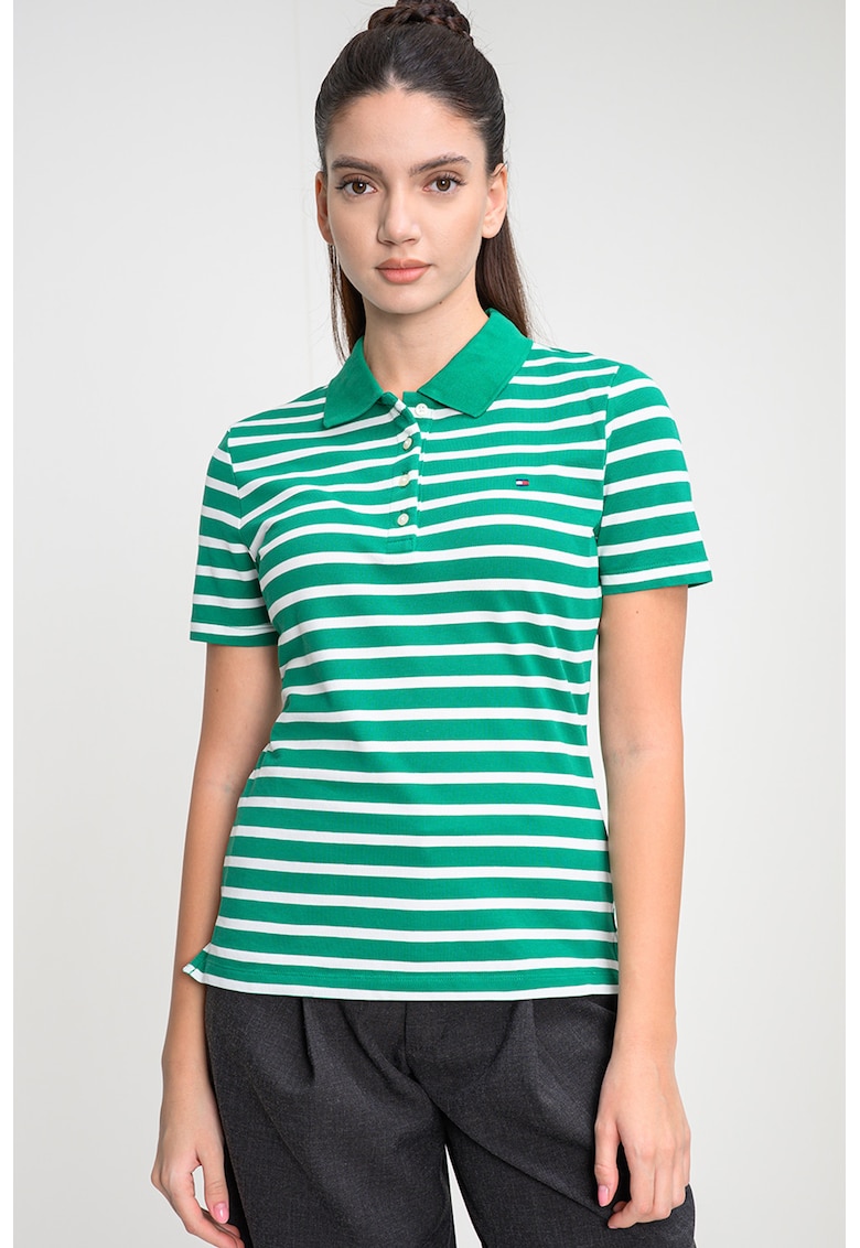 Tricou polo cu croiala slim-fit si logo - Alb/Verde