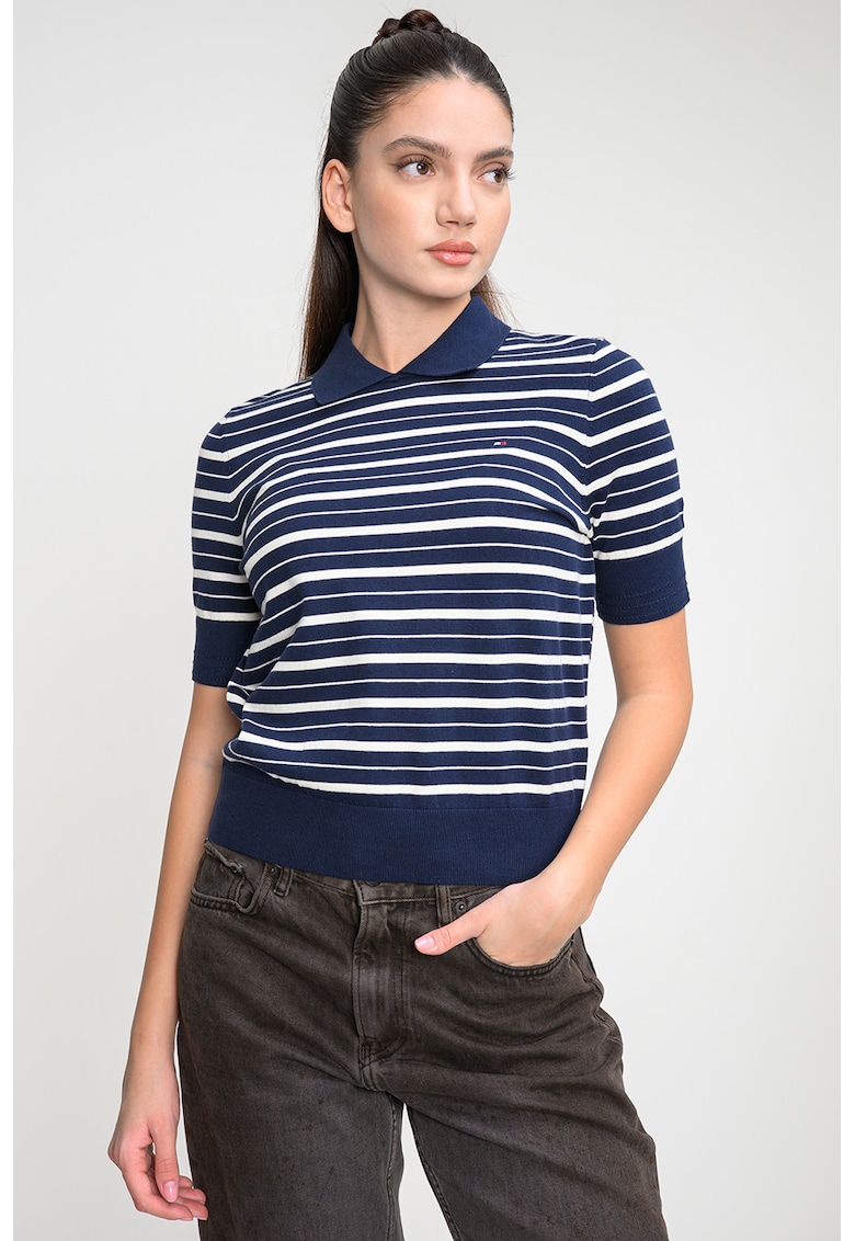 Tricou slim-fit cu dungi - Alb/Bleumarin