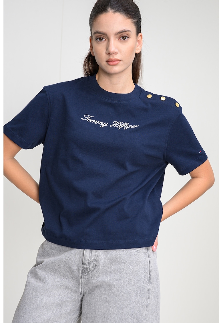 Tricou din bumbac cu logo - Bleumarin