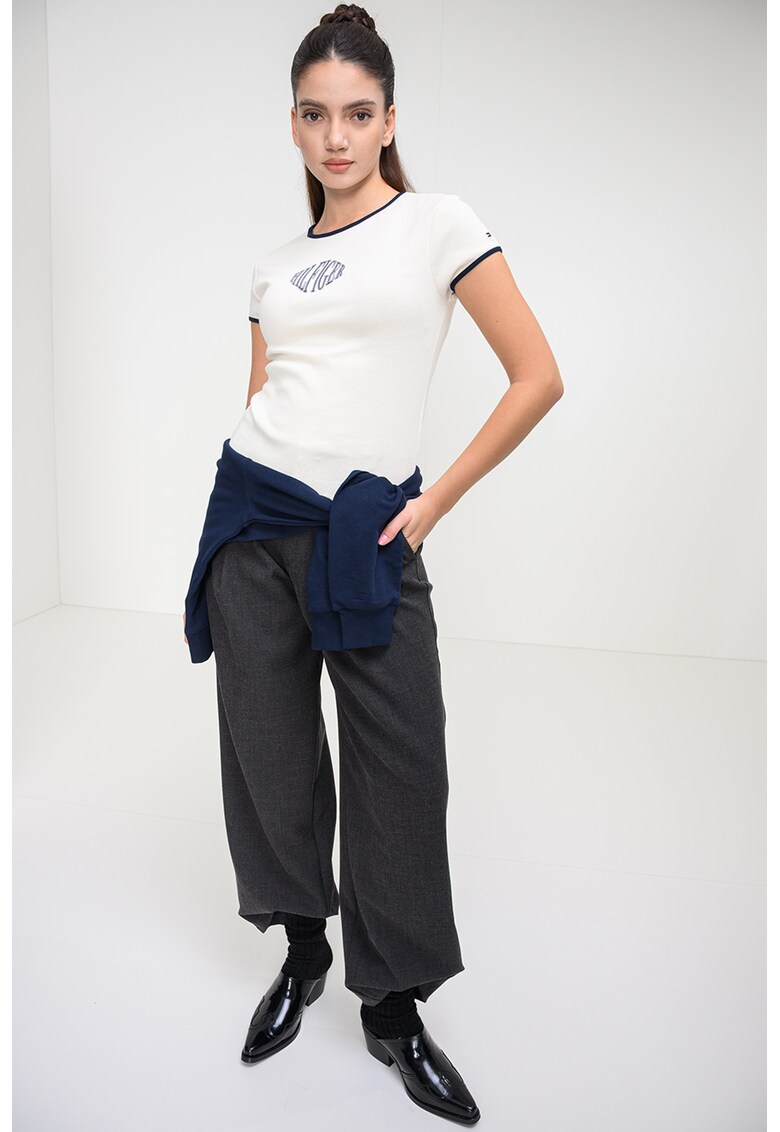 Tricou slim-fit din bumbac - Crem/Bleumarin