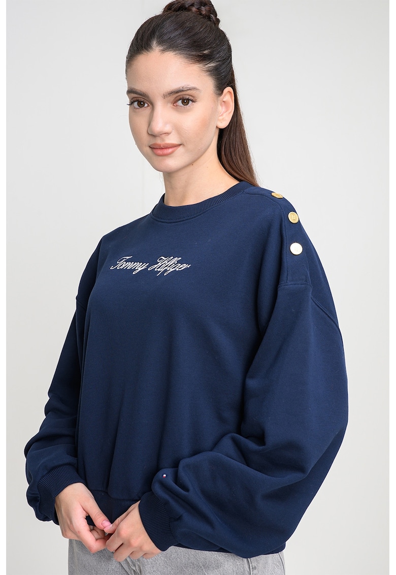 Bluza de trening cu croiala lejera si detalii nasturi pe un umar - Bleumarin