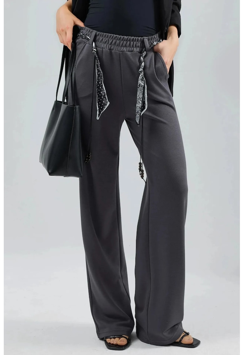 Pantaloni dama - tricotati - talie inalta - gri - textil