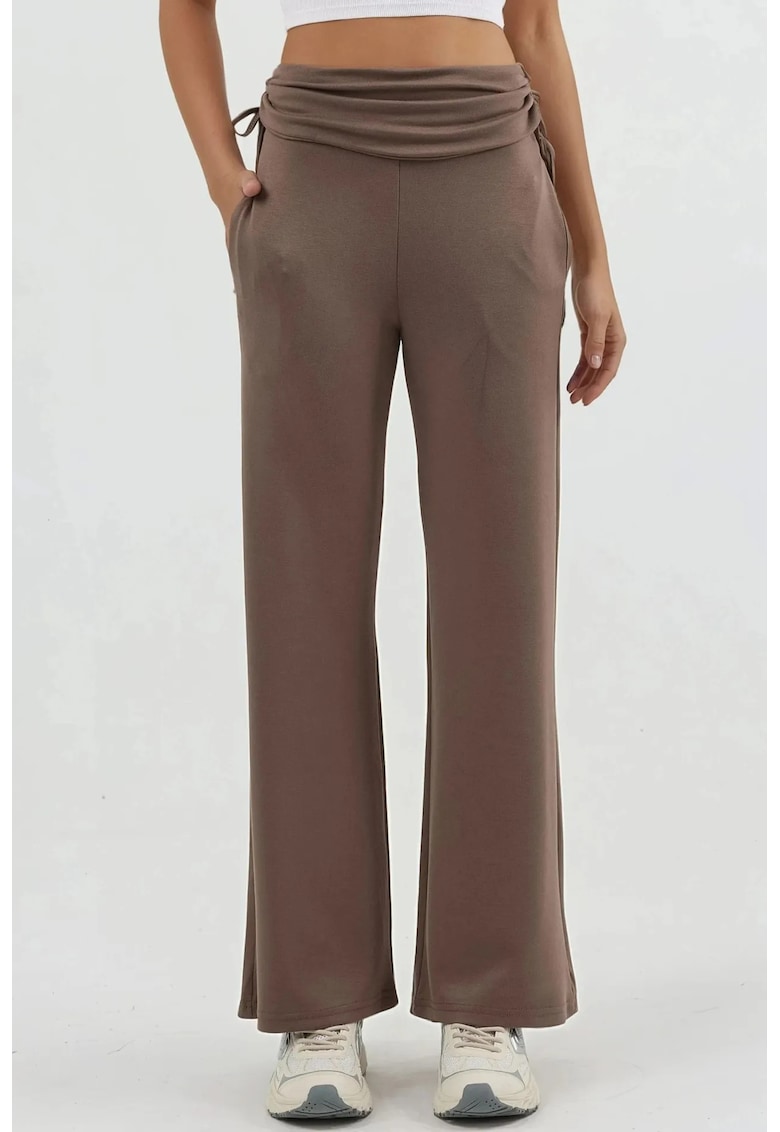 Pantaloni dama - cu talie inalta - de volane - maro - textil - Maro