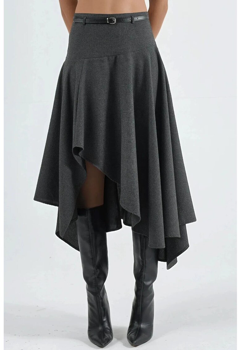 Fusta midi asimetrica - talie inalta - gri inchis - textil