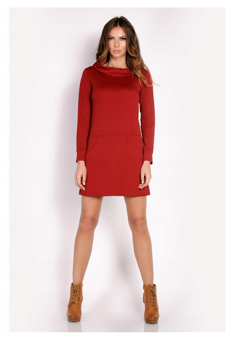 Rochie De Dama - L015 - Material 96% Poliester - 4% Elastan - Lungime Mini - 2 Buzunare Laterale - Maneci Lungi - De Inalta Calitate - Bordo - Rosu