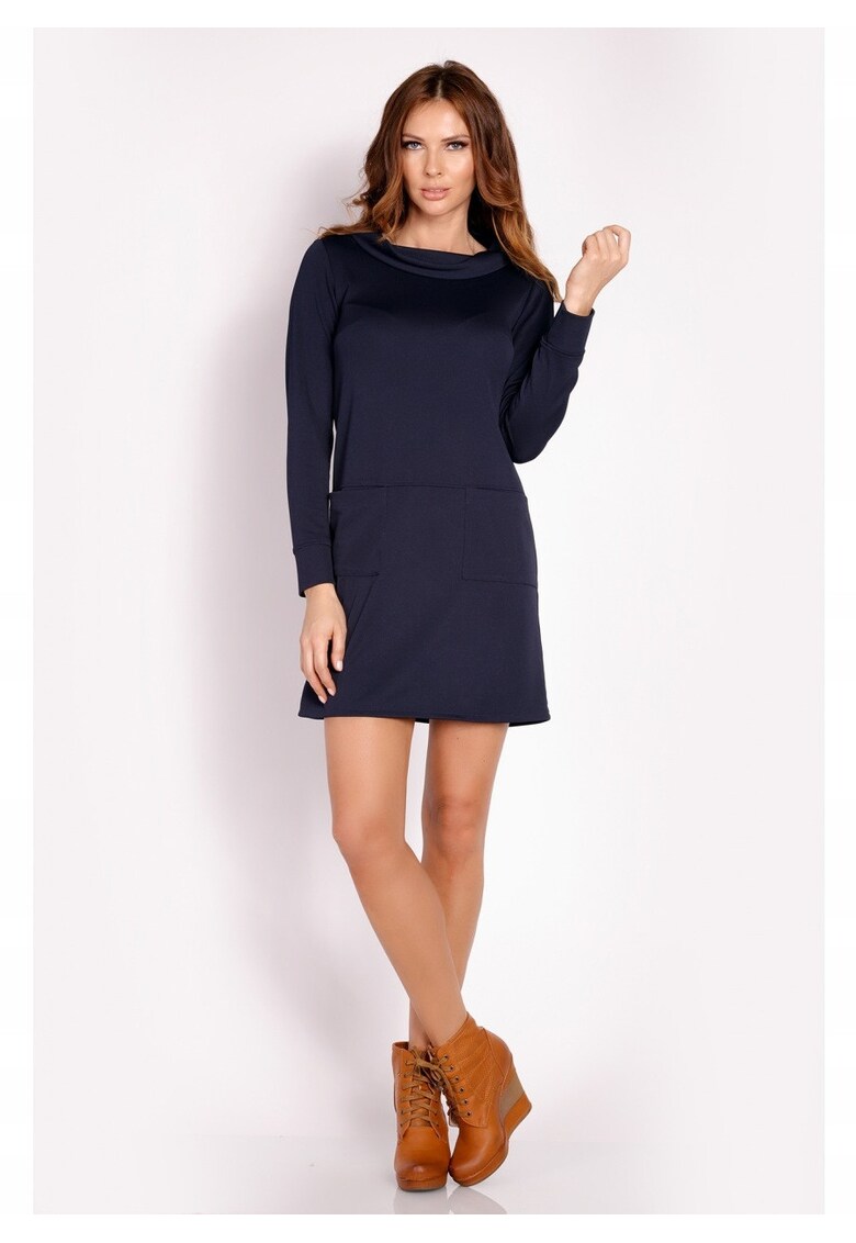 Rochie De Dama - L015 - Marimea S - Material 96% Poliester - 4% Elastan - Lungime Mini - 2 Buzunare Laterale - Maneci Lungi - De Inalta Calitate - De Inalta Calitate - Albastru Inchis