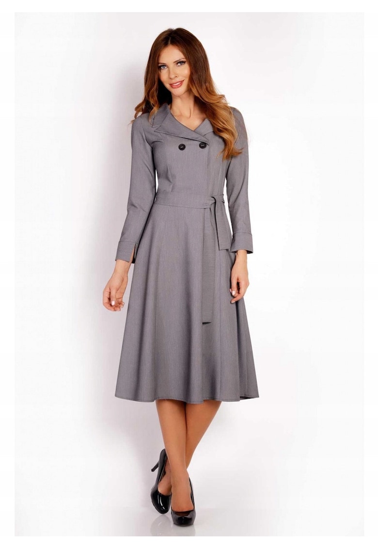 Rochie Dama - L016 - Material 60% Poliester - 35% Viscoza - 5% Elastan - Lungime Midi - Maneca Lunga - Curea In Talie - De Inalta Calitate - Gri - Gri