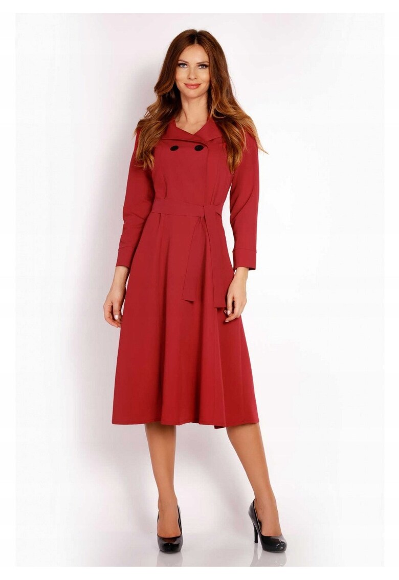 Rochie Dama - L016 - Marime S - Material 60% Poliester - 35% Viscoza - 5% Elastan - Lungime Midi - Maneca Lunga - Curea In Talie - De Inalta Calitate - Rosu