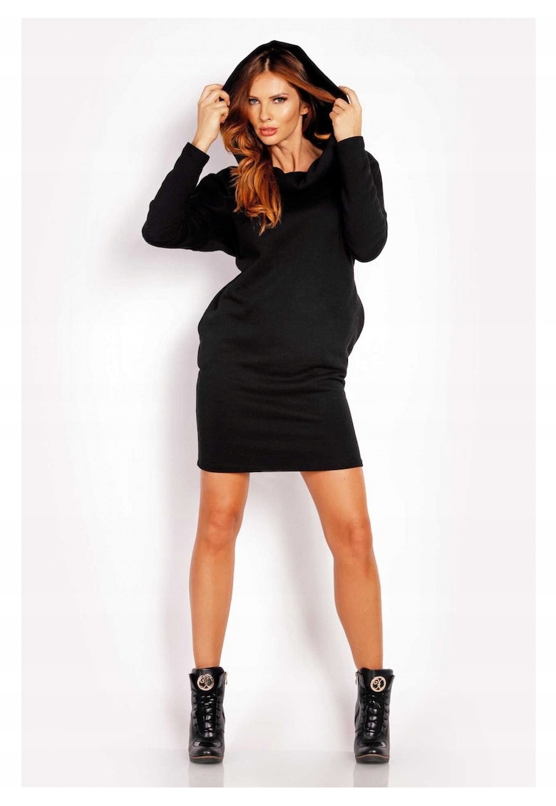 Rochie De Dama Cu Gluga - L029 - Marimea S/M - 95% Bumbac - 5% Elastan - Maneci Lungi - Doua Buzunare Laterale - Neagra