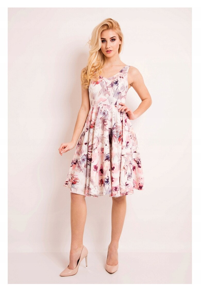 Rochie Midi Pentru Femei - L038 - Flori Intunecate - Croi Evazat - Material 95% Poliester - 5% Elastan - Decolteu Rotund - Decolteu Adanc - Fara Inchidere - Fara Maneci - De Inalta Calitate - Multicolor - Roz