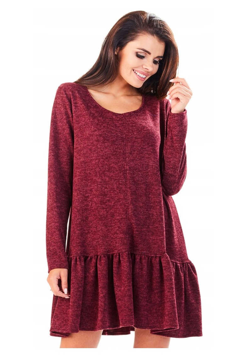 Rochie De Dama Cu Volan - L056 - Material 65% Poliester - 33% Viscoza - 2% Elastan - Scurta - Croi Asimetric - Decolteu Rotund - Maneci Lungi - De Inalta Calitate - Bordo - Bordeaux