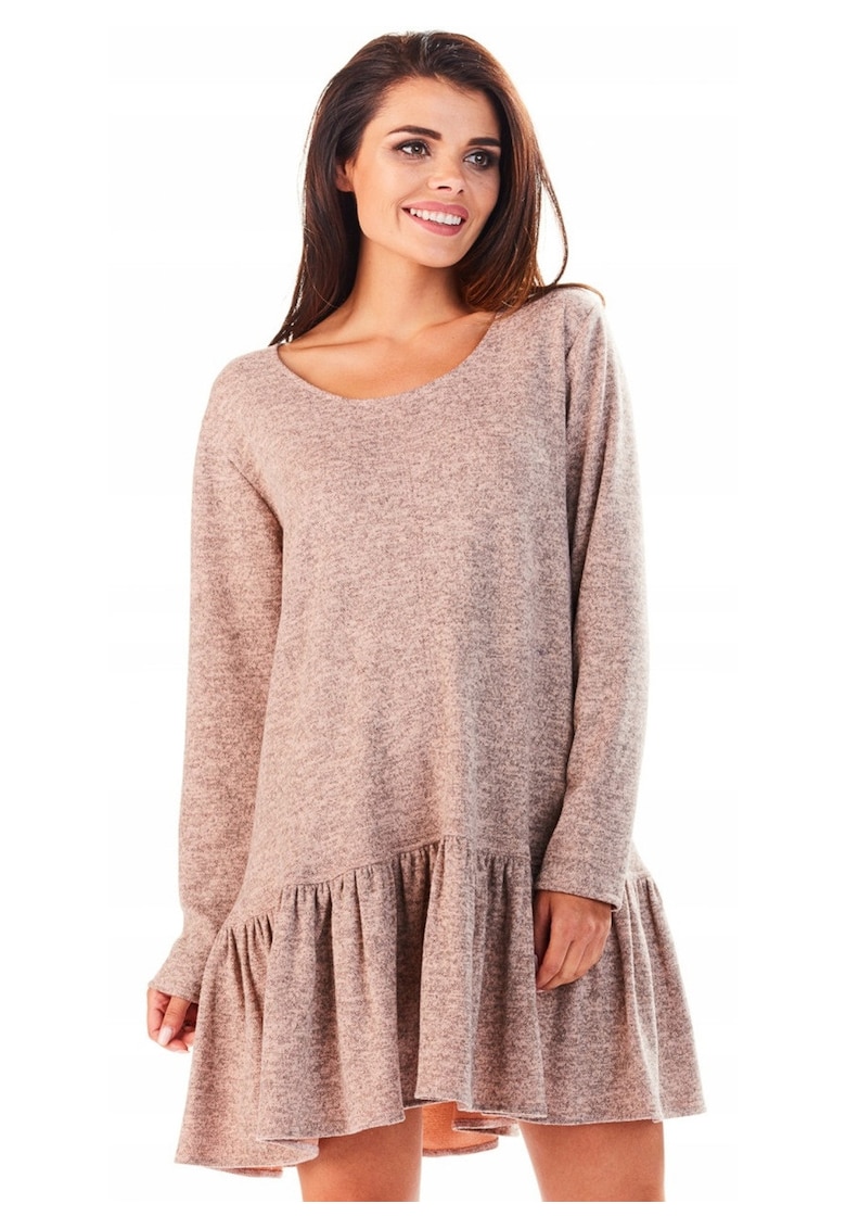 Rochie De Dama Cu Volan - L056 - Marimea L/XL - Material 65% Poliester - 33% Viscoza - 2% Elastan - Scurta - Croi Asimetric - Decolteu Rotund - Maneci Lungi - De Inalta Calitate - Roz