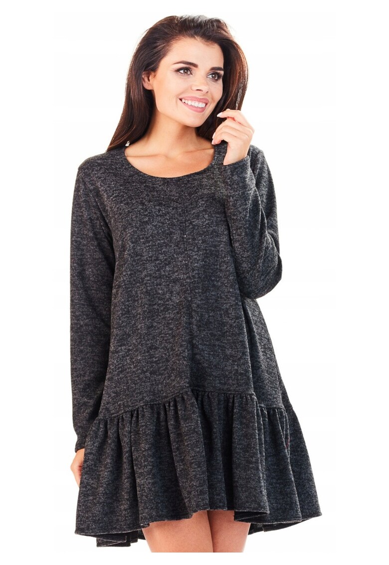 Rochie De Dama Cu Volan - L056 - Material 65% Poliester - 33% Viscoza - 2% Elastan - Scurta - Croi Asimetric - Decolteu Rotund - Maneci Lungi - Grafit - Gri grafit